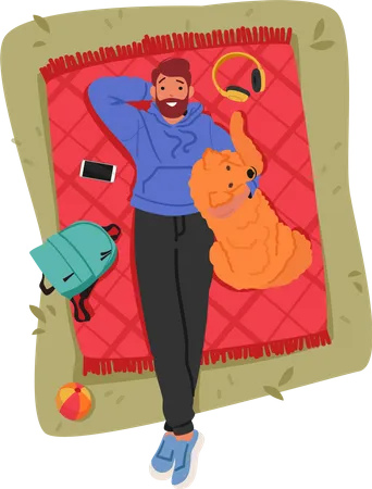 Man And His Dog Enjoy Peaceful Day Lying On Blanket  Illustration