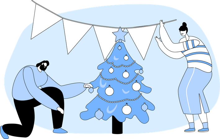 Man and Woman Couple Decorate Christmas Tree  イラスト