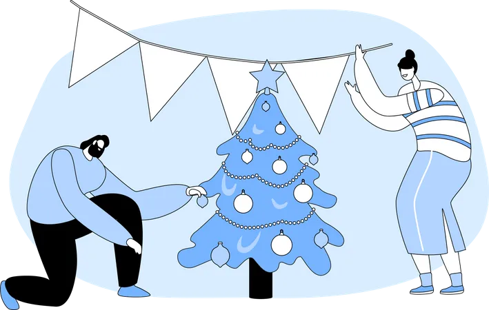 Man and Woman Couple Decorate Christmas Tree  イラスト