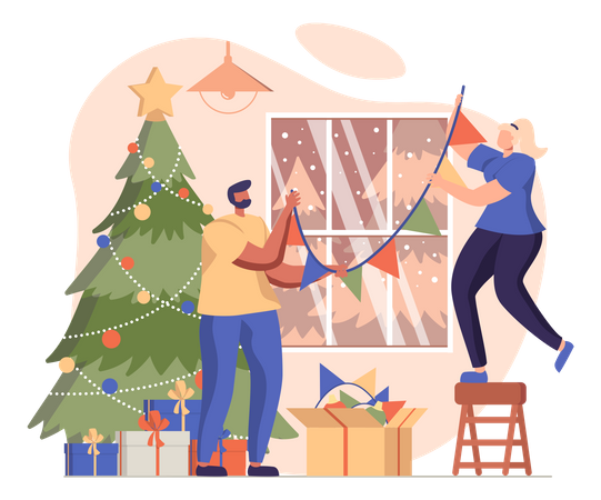 Man And Woman Decorating House On Christmas  イラスト