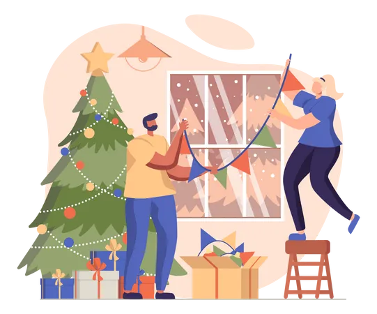 Man And Woman Decorating House On Christmas  イラスト