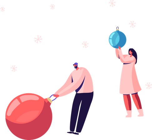 Man and woman decorating using Christmas ball  イラスト