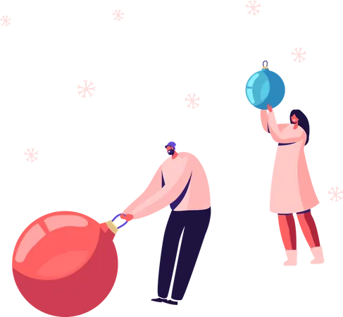 Man and woman decorating using Christmas ball  イラスト