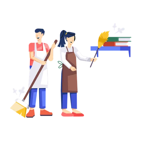 Man and woman doing Dusting cleaning  Illustration