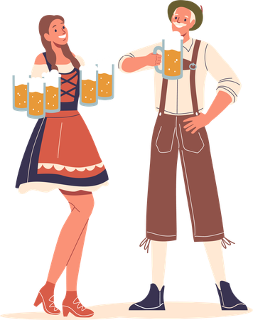 Man and Woman Dressed in Traditional German Costumes Enjoying Time Together  Illustration