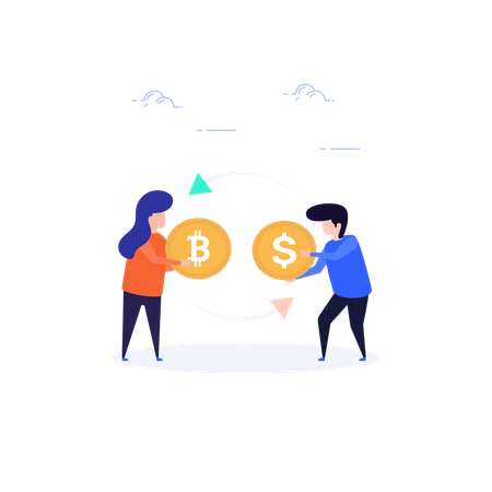 Man and woman exchanging bitcoin and dollar coin  Illustration