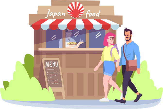 Man and woman going to japan food cafe  Illustration