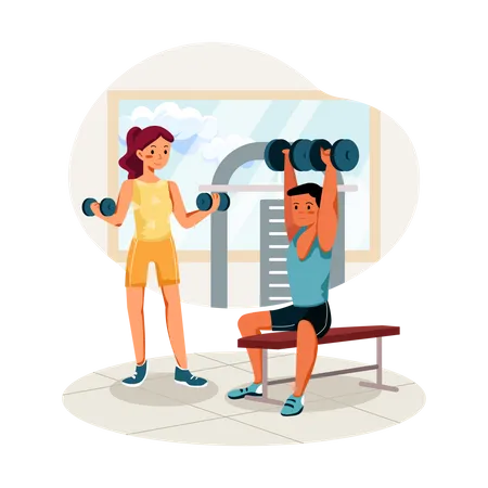 Man and woman lifting weights in gym  Illustration