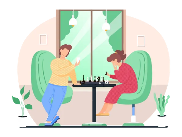 Man and woman playing chess in living room  Illustration