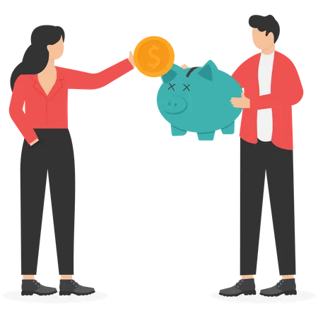 Man and woman savings money in piggy bank  Illustration