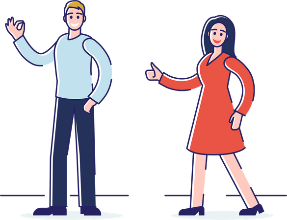 Man And Woman Showing Ok And Thumb Up Signs  イラスト