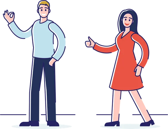 Man And Woman Showing Ok And Thumb Up Signs  イラスト