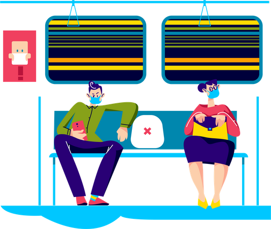 Man and woman wearing mask in public transport for covid-19 prevention  イラスト