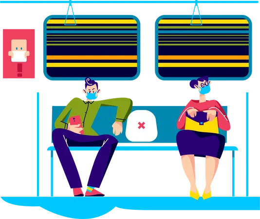 Man and woman wearing mask in public transport for covid-19 prevention  イラスト