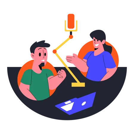 Man and women recording audio podcast  Illustration