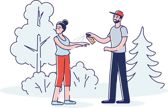 Man applying mosquito repellent on the woman body  Illustration