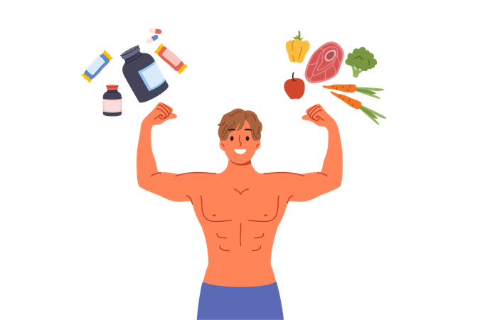 Man bodybuilder with naked torso stands under sports nutrition and natural products  Illustration