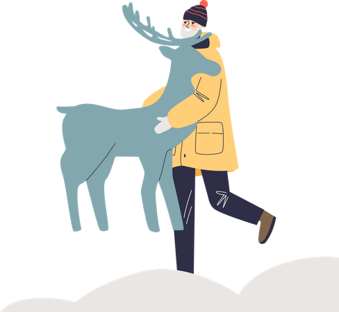 Man bringing deer for christmas decoration of house outdoors  イラスト