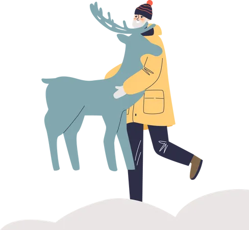 Man bringing deer for christmas decoration of house outdoors  イラスト