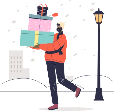 Man carry christmas gifts  イラスト