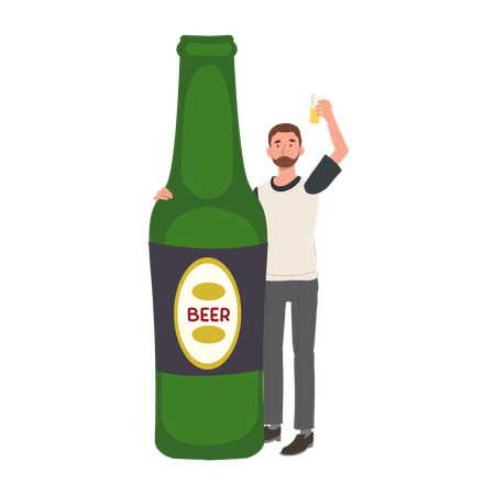 Man Celebrating with Oversized Beer Bottle  イラスト