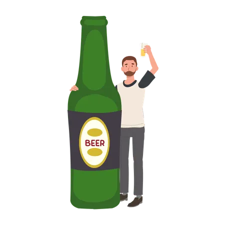 Man Celebrating with Oversized Beer Bottle  イラスト