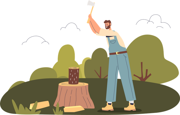 Man chopping wood for outdoor picnic  Illustration