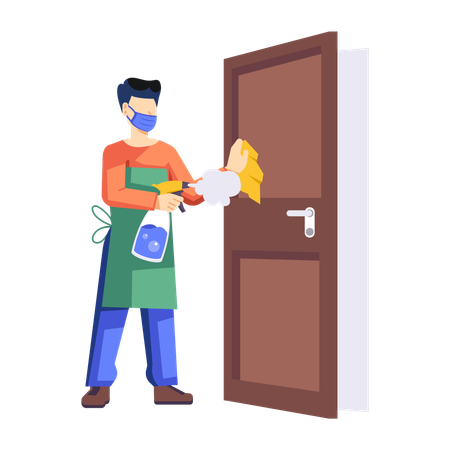 Man cleaning door using Cleaning Spray  Illustration