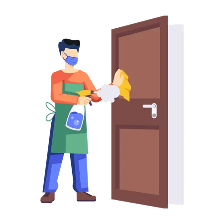 Man cleaning door using Cleaning Spray  Illustration