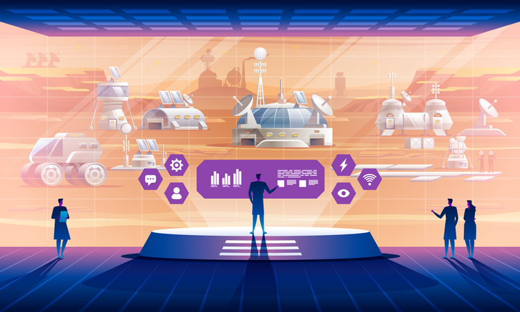 Man controlling atmosphere from space base  Illustration