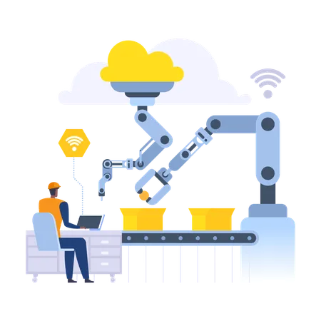 Man controls manipulator collecting and packing boxes on conveyor  Illustration