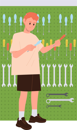 Man customer choosing screwdriver instrument in tools shop store standing at showcase  Illustration