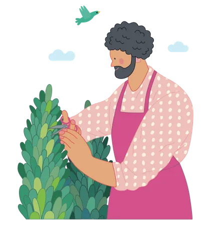 Man cutting a bush with scissors  Illustration