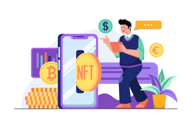 Man doing NFT crypto exchange  Illustration