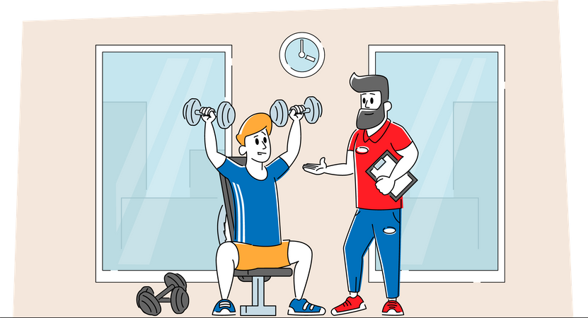 Man doing Shoulder Exercise in Gym with Coach  Illustration