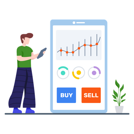 Man doing trading of shares on mobile  Illustration