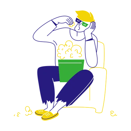 Man eating popcorn at movies  Illustration