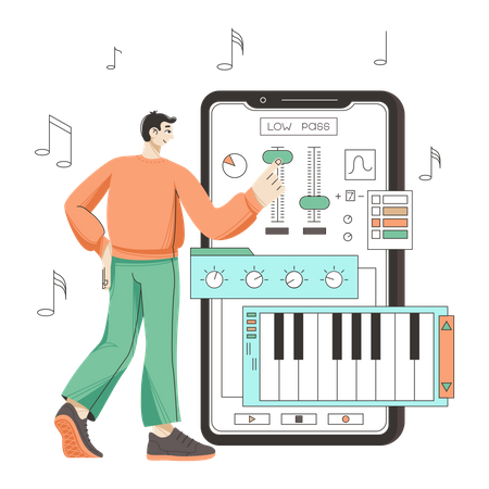 Man editing music using mobile app  Illustration