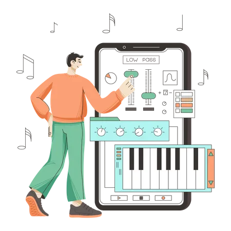 Man editing music using mobile app  Illustration