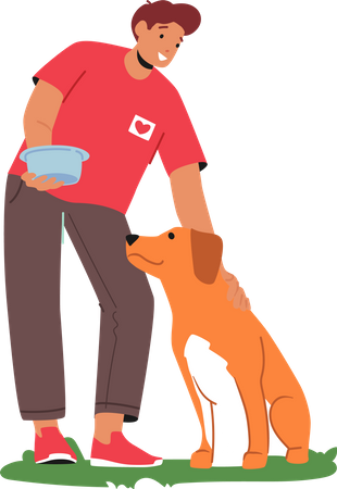 Man feeding dog in animal shelter  Illustration