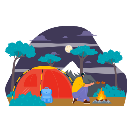 Man frying fish on camping  Illustration