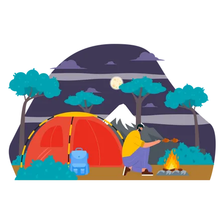 Man frying fish on camping  Illustration