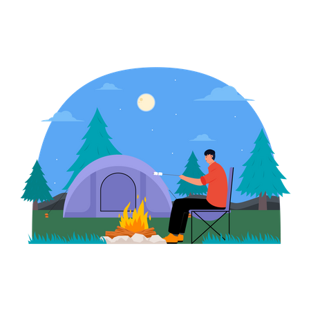 Man Frying Marshmallow on Camping  Illustration