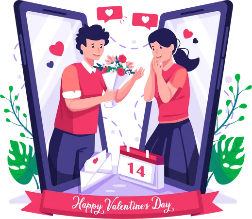 Man giving gift to her girlfriend online  Illustration