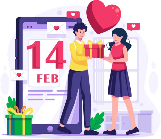 Man giving gift to his girlfriend on Valentine's day  Illustration