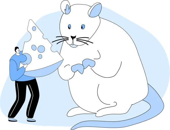 Man Giving Piece of Cheese to Huge White Mouse  イラスト