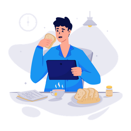 Man Having Breakfast with tablet  Illustration