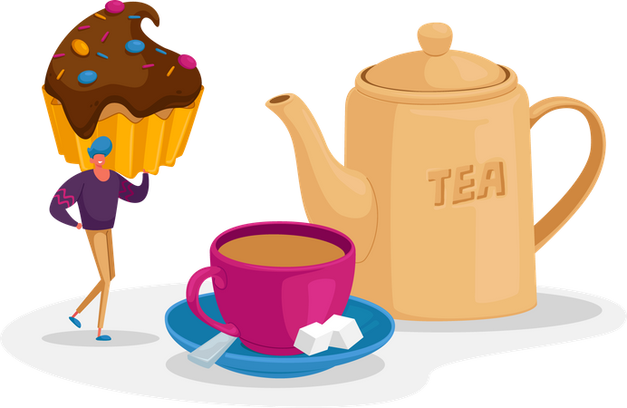 Man having cupcake with cup of tea  Illustration