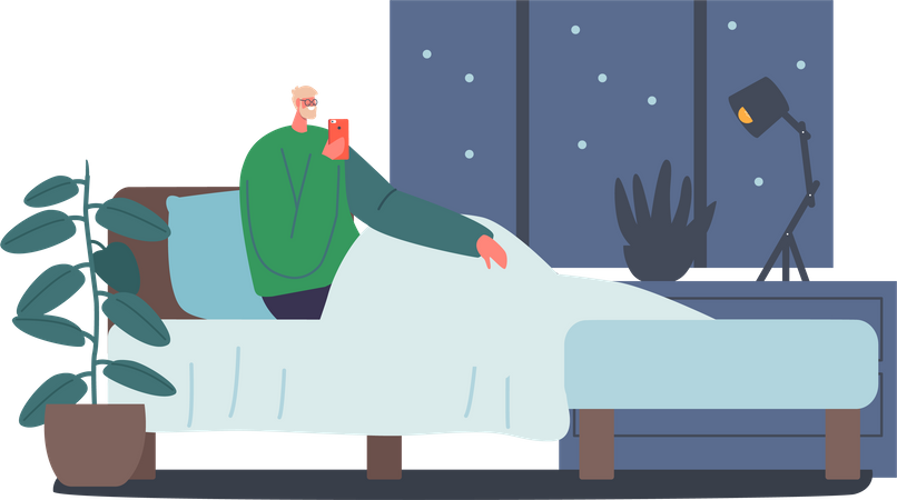 Man having sleeping disorder due to smartphone addiction  Illustration