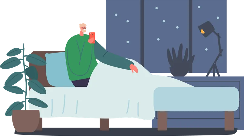 Man having sleeping disorder due to smartphone addiction  Illustration